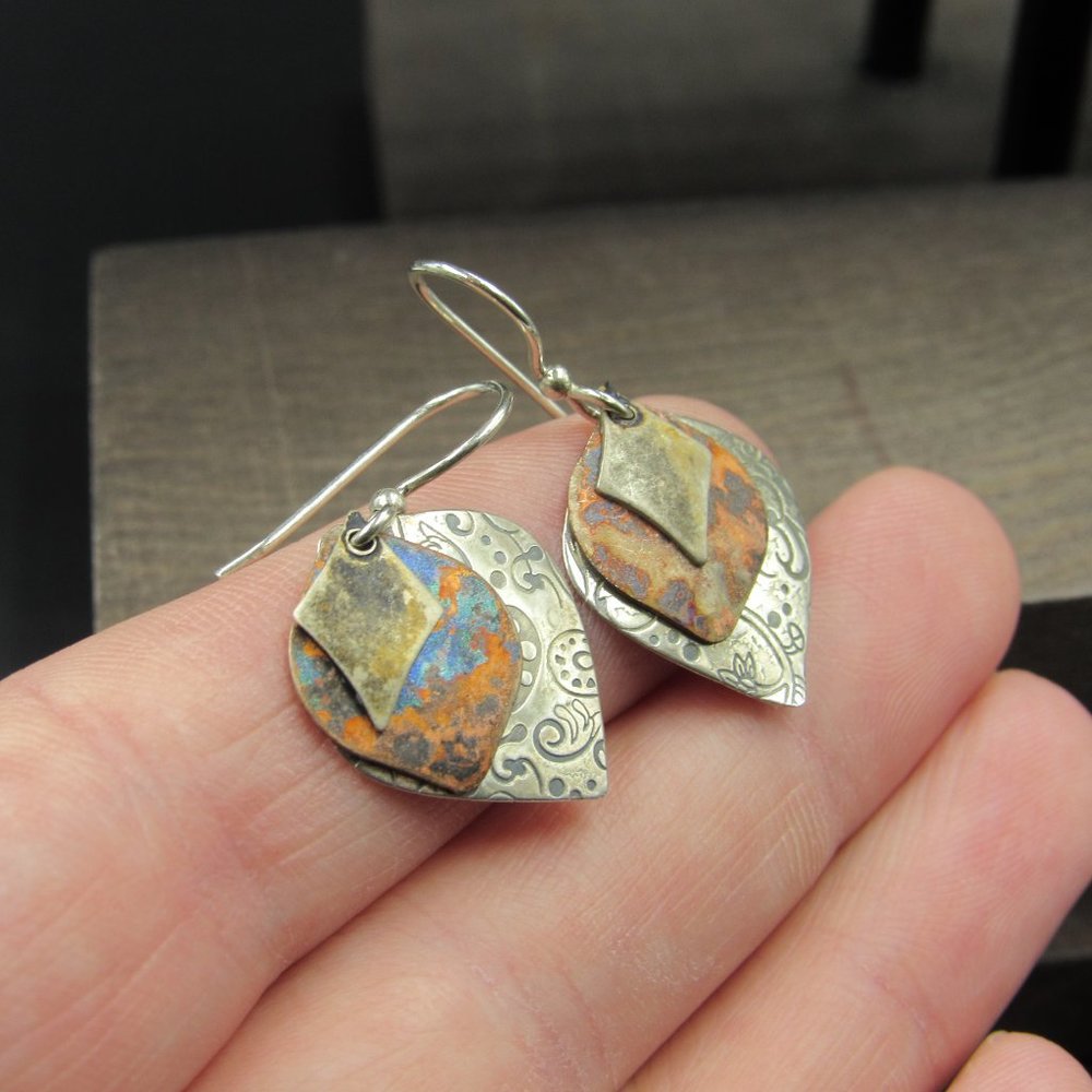 Sterling Silver Triple Shape Rustic Pattern Earri… - image 2